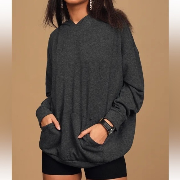 Lulu’s Personal Best Heather Charcoal Grey Pullover Hoodie Oversized Size XS - Picture 2 of 10